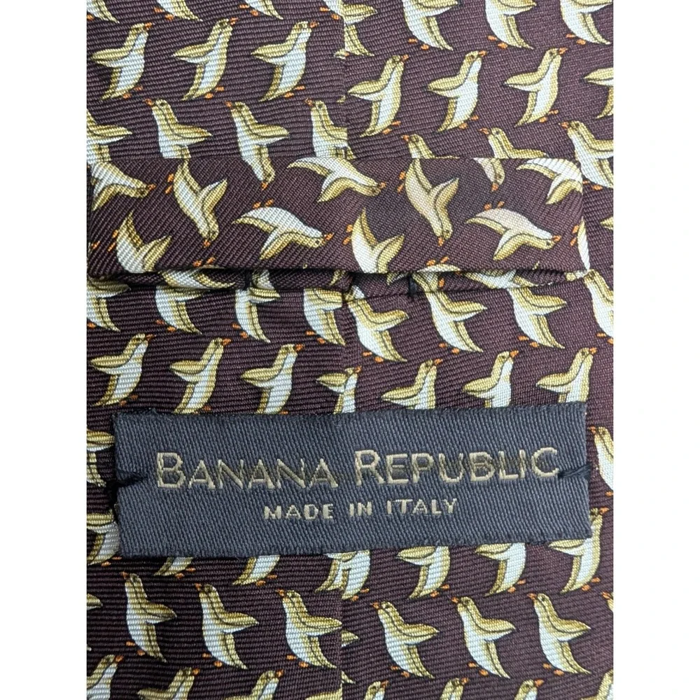 Banana Republic Silk Tie Vintage Brown Penguin Print Made In Italy Good Wide